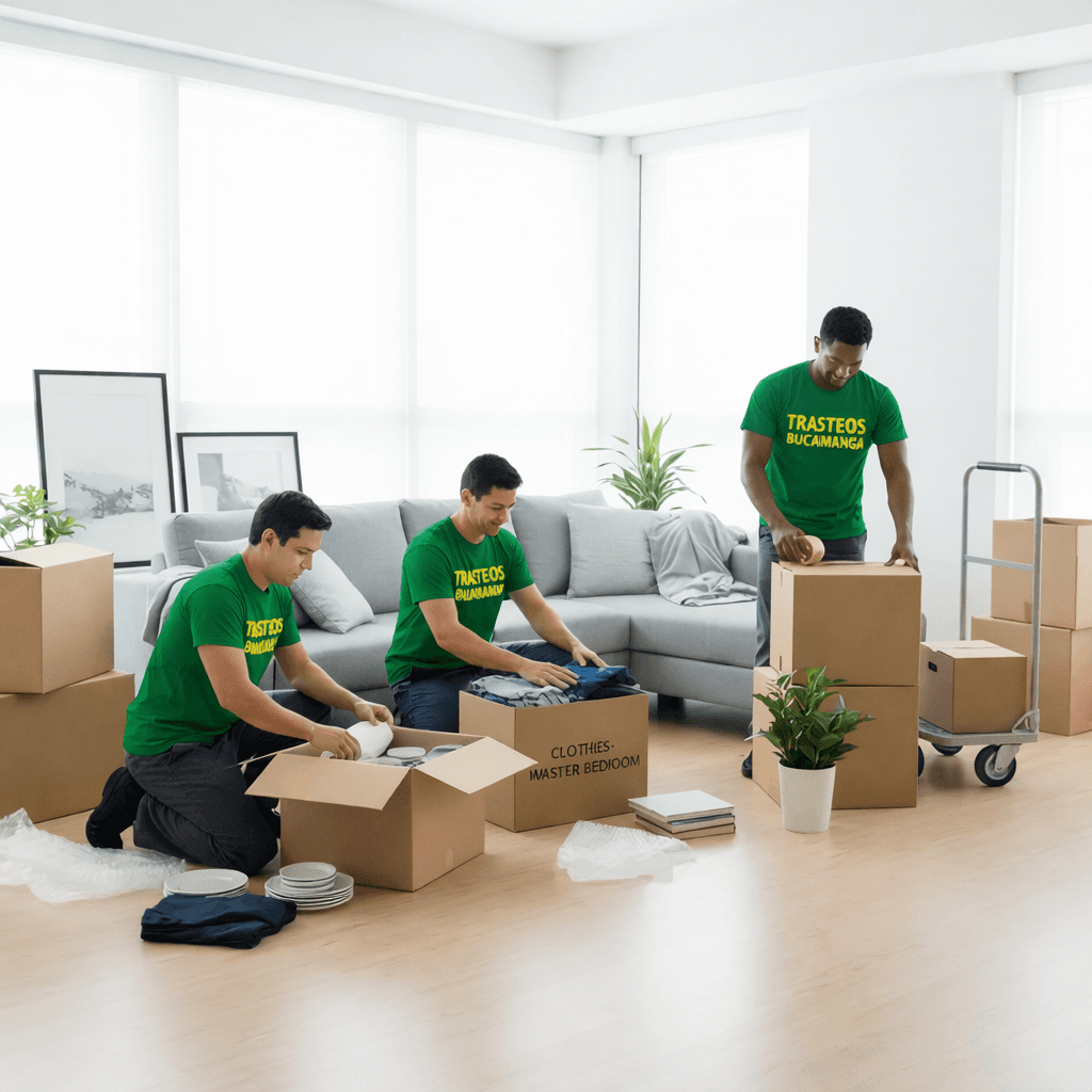 Tres hombres con camisetas verdes empacan cajas de mudanza en una sala de estar moderna.