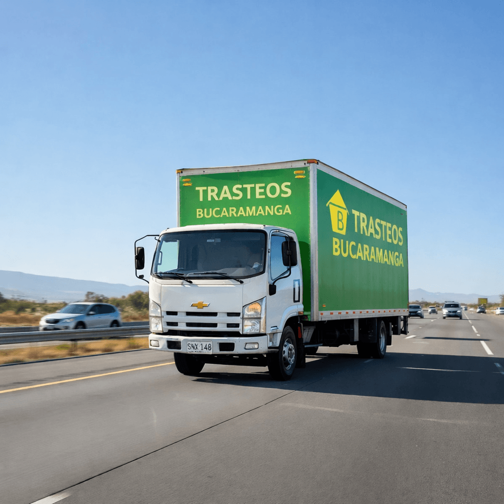 Camión Chevrolet blanco con caja verde de Trasteos Bucaramanga circulando por una autopista soleada.