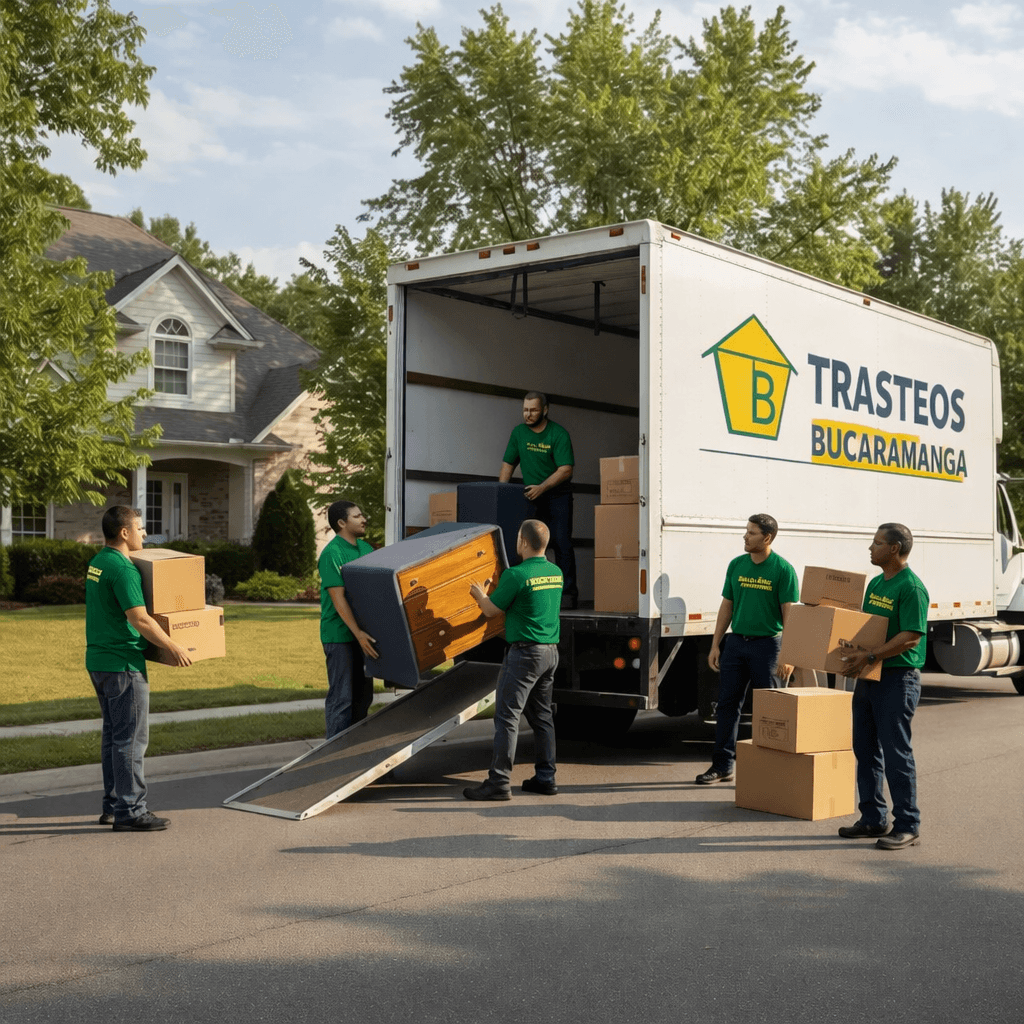 Personal de mudanzas cargando muebles y cajas en un camión de Trasteos Bucaramanga.