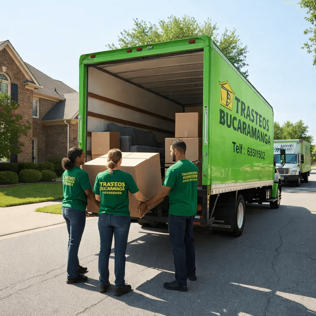 Tres personas cargan una caja en un camión de mudanzas verde de Trasteos Bucaramanga.